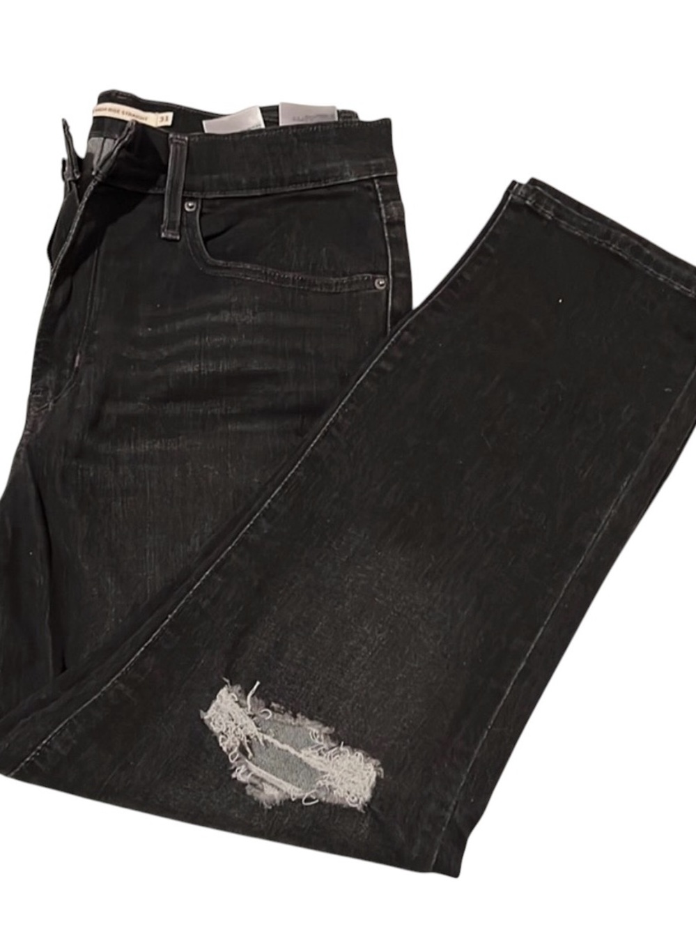 LEVI’S 724 size 31 black high rise cropped jeans high distressed at knee